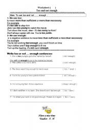English Worksheet: too and not enough