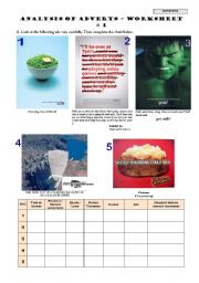 English Worksheet: ANALYSIS OF ADVERTS  Worksheet # 1