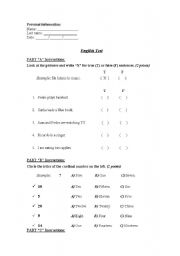 English worksheet: TEST!!! Simple and continuous present tense, and numbers