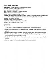 English Worksheet: junk food ban