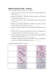 English Worksheet: Simple Vocabulary Quiz on Animals