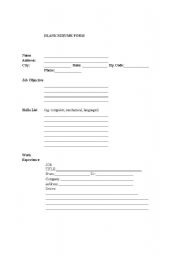 English Worksheet: Blank Resume Form for ESL Job Seekers