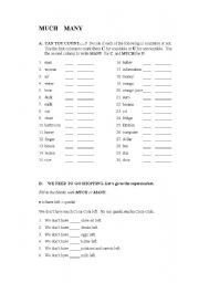 English Worksheet: much  many