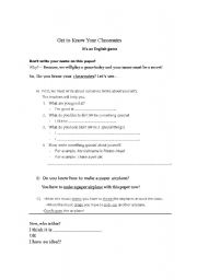 English worksheet: Get to know your classmates game