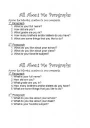 English worksheet: All about me paragraph