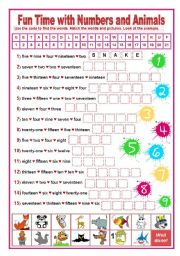 English Worksheet: FUN TIME WITH NUMBERS AND ANIMALS