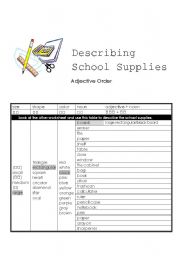 English worksheet: ADJECTIVE ORDER- -DESCRIBING CLASSROOM SUPPLIES PART 2