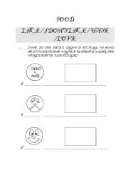 English Worksheet: Food - like, love, dont like, hate