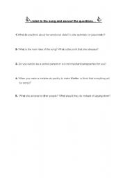 English Worksheet: Listening plan(song)Nobody is perfect by Hannah Montana-QUESTIONS ABOUT IT