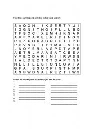 English Worksheet: Countries & activities wordsearch