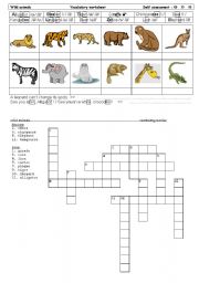 English Worksheet: Wild animals vocabulary worksheet + crossword