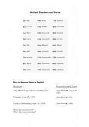 English worksheet: Ordinal Number and Dates