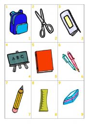 English Worksheet: School objects card game