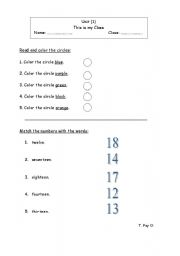 English worksheet: number and colors