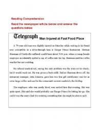 English Worksheet: newspaper article  - MAN INJURED IN FAST FOOD PLACE