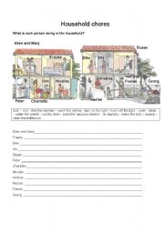 English Worksheet: What is each person doing in the household?