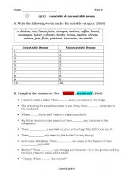 English Worksheet: quiz countable and uncountable nouns