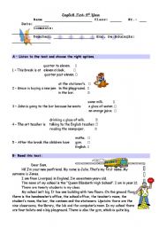 English Worksheet: Test 6th- school, there to be, prepositions