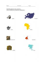 English worksheet: Animalsandcontinents