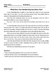 English Worksheet: What does Your Hand Writing Say About You?