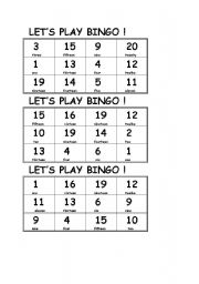 English Worksheet: bingo card