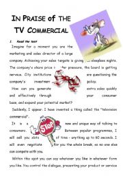 English Worksheet:  IN PRAISE OF THE TV COMMERCIAL