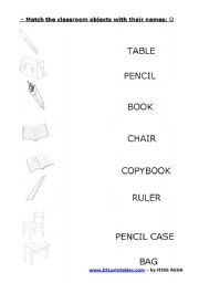 English worksheet: - Match the classroom objects with their names