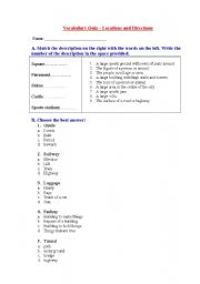 English worksheet: Vocabulary Quiz - Locations and Directions