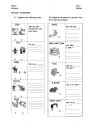 English Worksheet: can  / cant