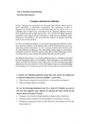 English Worksheet: teenagers and Internet addiction 