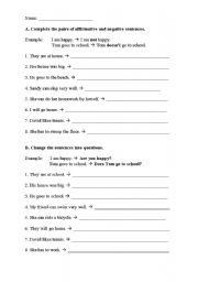 English Worksheet: Negative sentences and questions