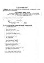 English worksheet: Subjects & Predicates