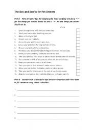 English worksheet: Tips for Pet Owners