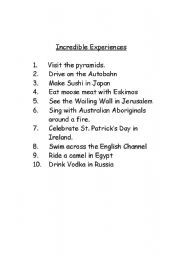 English worksheet: Incredible Experiences- what have you done?