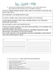 English worksheet: be-have-can reading and writing