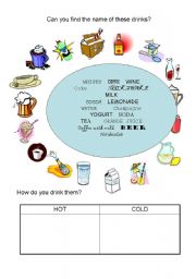 English Worksheet: All drinks. Are they cold or hot?