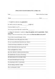 English Worksheet: Level 1 test