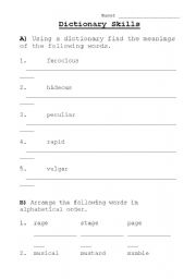 English worksheet: Dictionary Skills