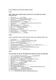 English worksheet: FILL IN THE BLANKS WITH THE CORRECT WORDS 