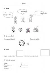 English Worksheet: Toys, colours and numbers (exam)