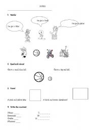 English worksheet: Toys, colours and numbers (exam)