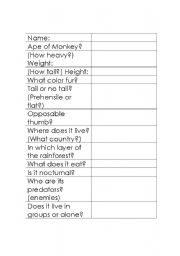 English Worksheet: Primate Adaptations