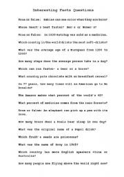 English worksheet: Interesting Facts Questions (2 of 2)