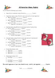 English Worksheet: Alliteration Menu