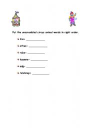 English worksheet: Scrambled Words(Circus)