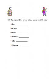 English Worksheet: Scrambled Words(Circus)