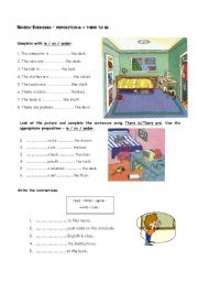 English Worksheet: Review: There to be + prepositions