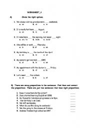 English worksheet: prepositions of time