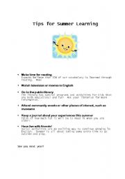 English Worksheet: Summer learning tips for ESL students