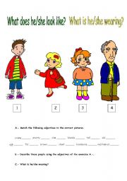 English Worksheet: What does he/she look like? What is he/she wearing?